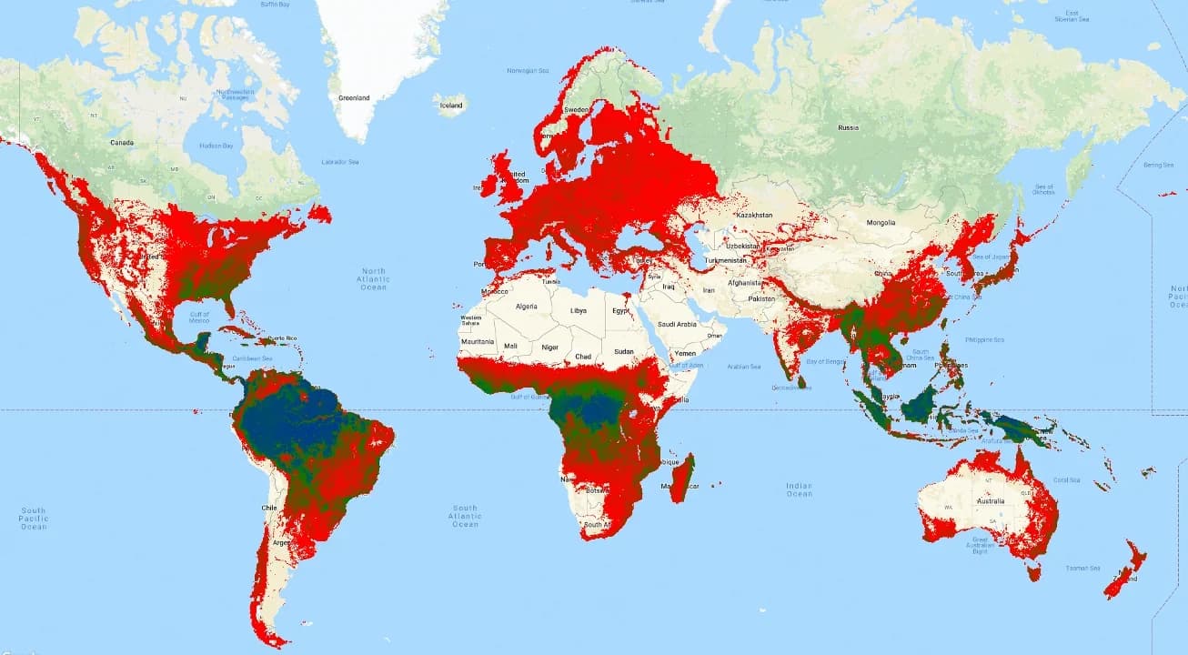 A world map based on estimated forest methane uptake, with added noise. The colors cannot be read as measured uptake.
