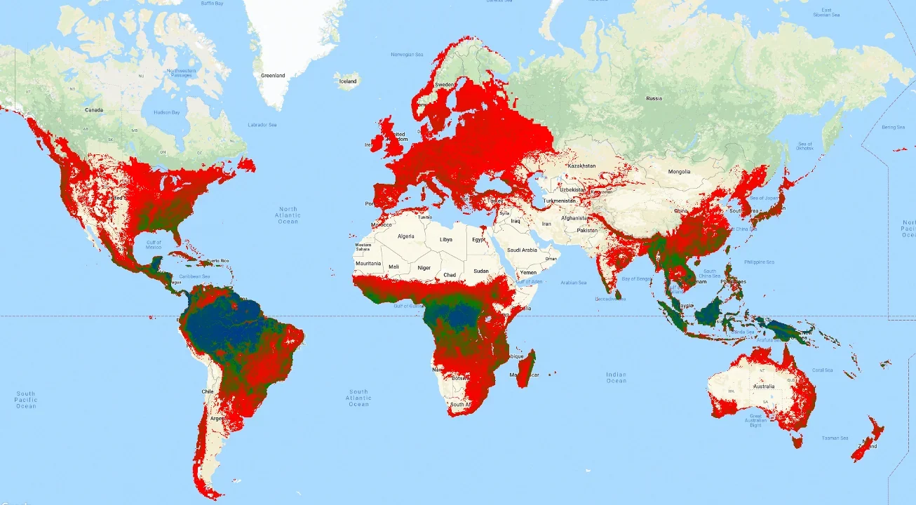 A world map of forest methane uptake across every continent, with the tropical forests of the Amazon, the Congo Basin, and Southeast Asia standing out.